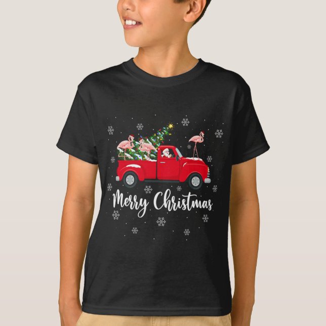 Funny Santa Riding Julgran Lastbil Flamingo C T Shirt (Framsida)