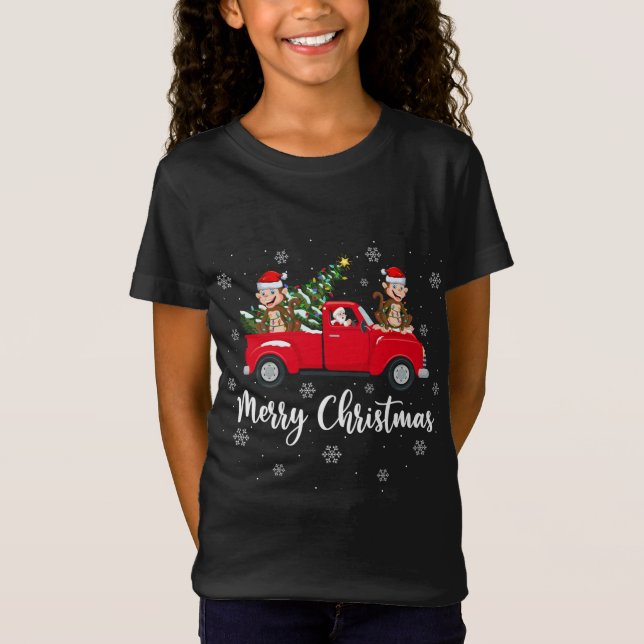 Funny Santa Riding Julgran Lastbil Monkey Chr T Shirt (Framsida)