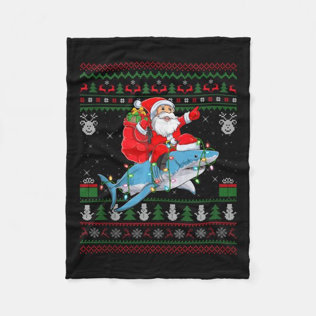 Funny Santa Riding Shark Ugly Christmas Sweaters S Fleecefilt (Framsidan)