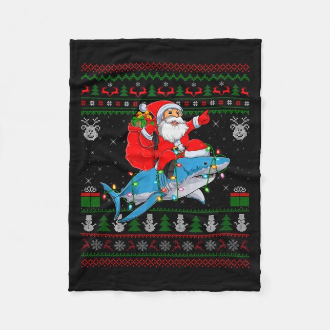 Funny Santa Riding Shark Ugly Christmas Sweaters S Fleecefilt (Framsidan)