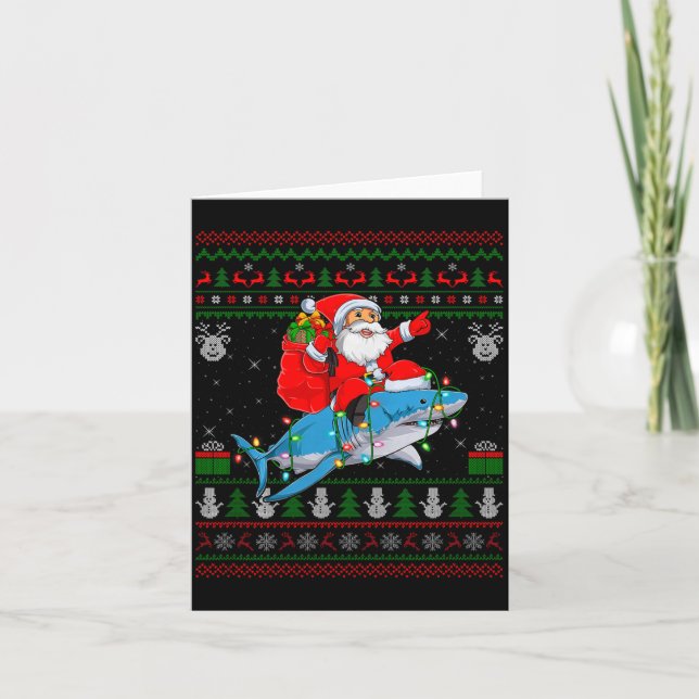 Funny Santa Riding Shark Ugly Christmas Sweaters S Kort (Framsida)