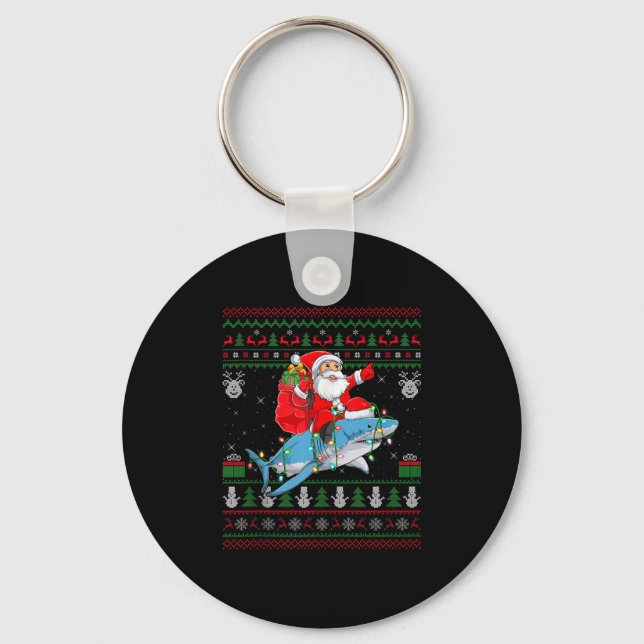 Funny Santa Riding Shark Ugly Christmas Sweaters S Nyckelring (Framsida)