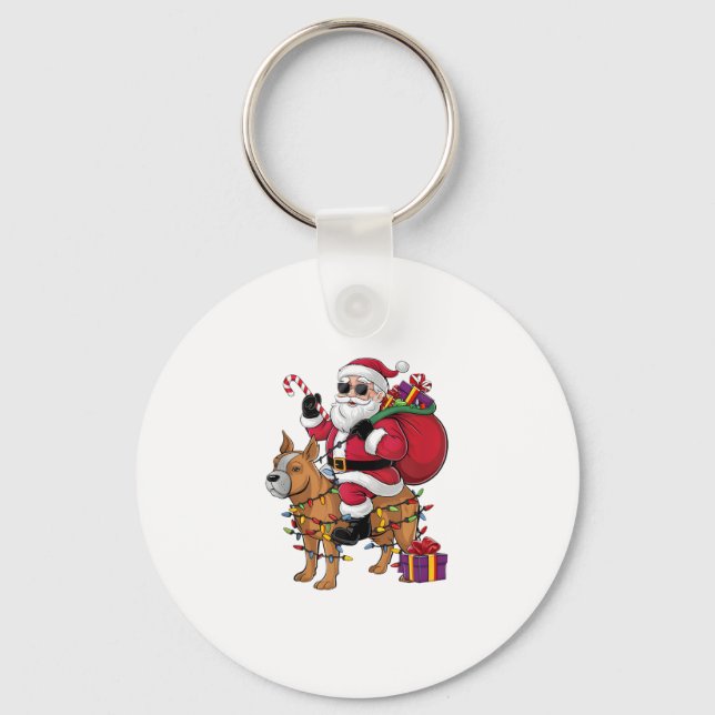 Funny Santa Riding Stafford Bull Terrier Hund Nyckelring (Framsida)