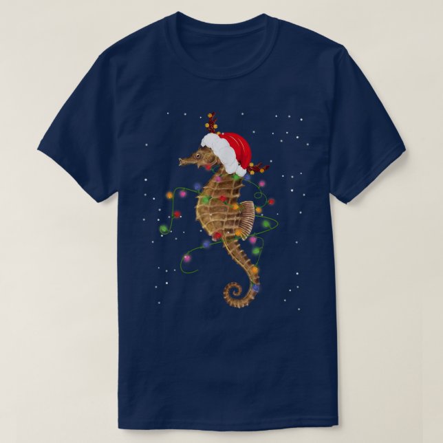 Funny Santa Seahorse Animal Christmas Lights Lover T Shirt (Design framsida)
