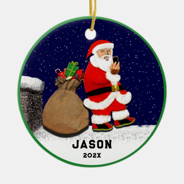 Funny Santa Selfie-jul Julgransprydnad Keramik (Framsidan)