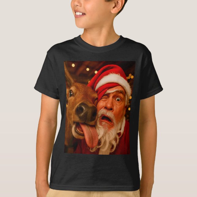 Funny Santa Selfie Reindeer Men Women Kids Christm T Shirt (Framsida)