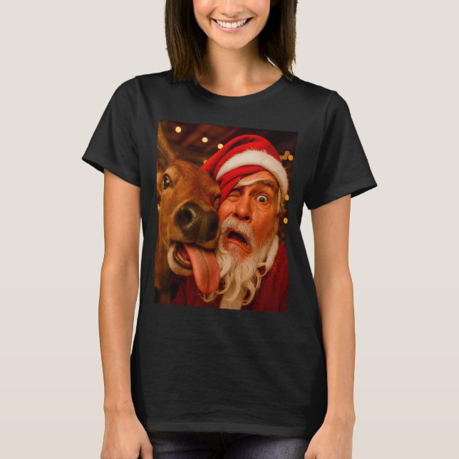 Funny Santa Selfie Reindeer Men Women Kids Christm T Shirt (Framsida)