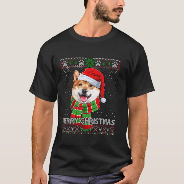 Funny Santa Shiba Inu Scarf Älskare Ugly jul S T Shirt (Framsida)