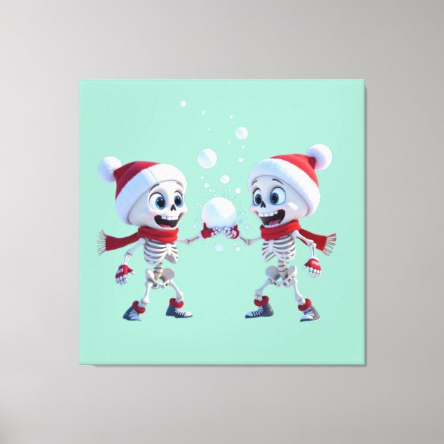 Funny Santa Skeletons Having a Snowball Fight  Canvastryck (Framsida)