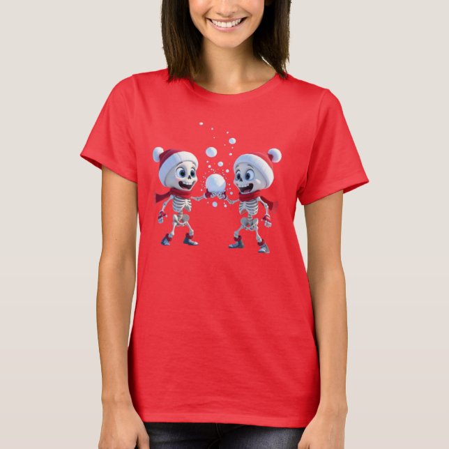 Funny Santa Skeletons Having a Snowball Fight  T Shirt (Framsida)