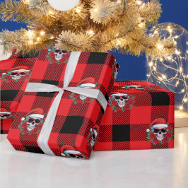 Funny Santa Skull Buffalo Check Wrapping Papper Presentpapper