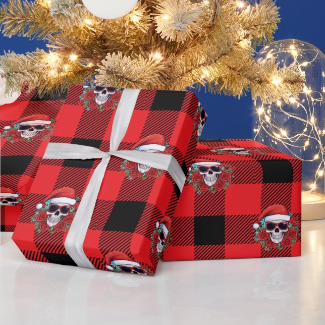 Funny Santa Skull Buffalo Check Wrapping Papper Presentpapper (Helgdagar)