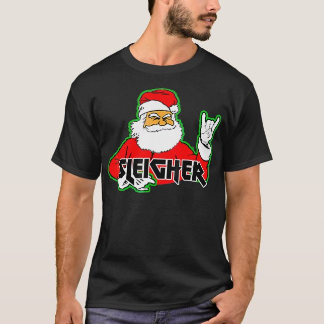 FUNNY Santa Sleigher Sayer Heavy Metall Ugly Chris T Shirt (Framsida)