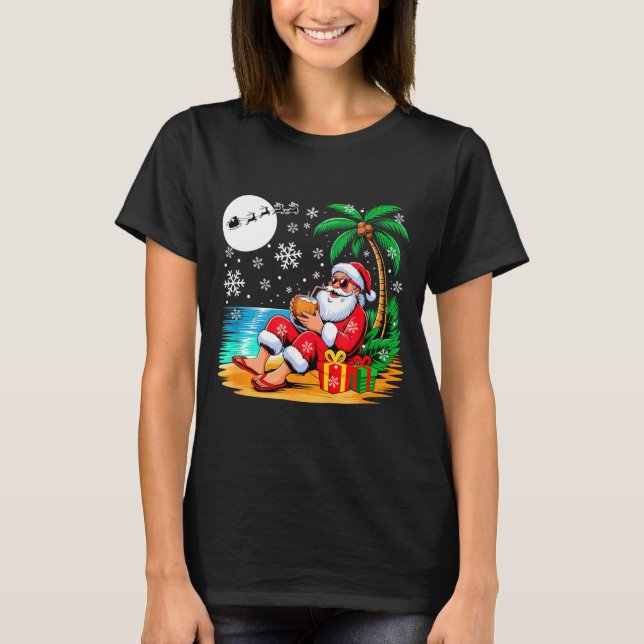Funny Santa Sungles Drinking Coconut On Beach Chri T Shirt (Framsida)