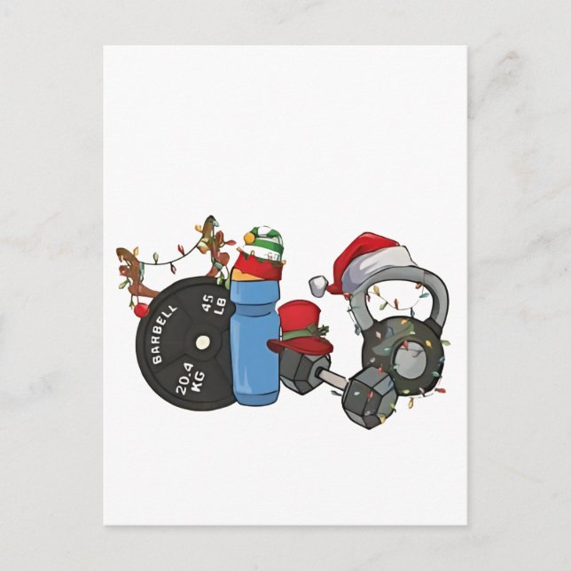 Funny Santa Weightlift Dumbbells Gym Jul Inbjudan Vykort (Framsida)