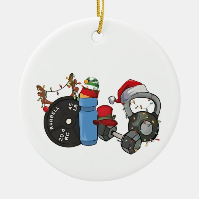 Funny Santa Weightlift Dumbbells Gym Jul Julgransprydnad Keramik (Framsidan)