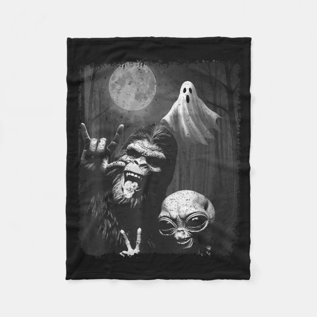 Funny Sasquatch &amp; Alien Rock On Hand Sign Ghos Fleecefilt (Framsidan)