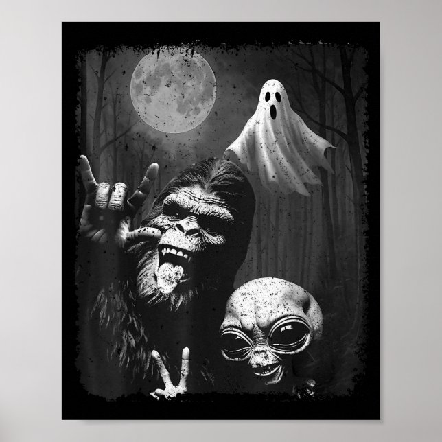 Funny Sasquatch &amp; Alien Rock On Hand Sign Ghos Poster (Framsidan)