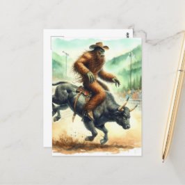 Funny Sasquatch Rides Bull in Rodeo Watercolor Vykort