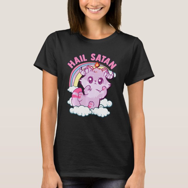 Funny Satanic Hail Satan Kitten Cute Rainbow Cat T Shirt (Framsida)