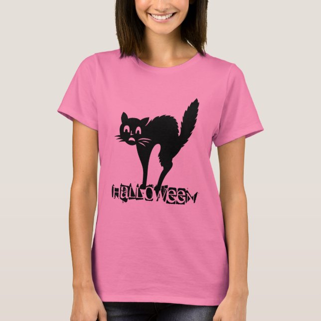 Funny Scary Black Cat Halloween Typografi T-shirt (Framsida)