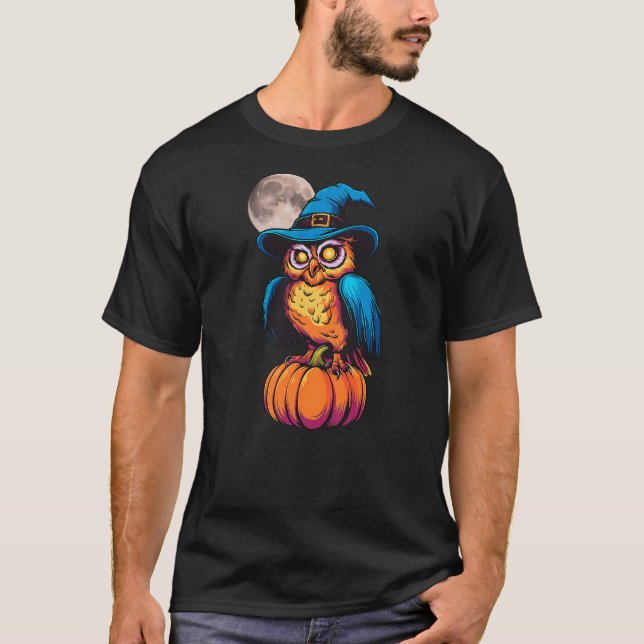 Funny Scary Owl Witch Hat Pumpkin Halloween Owl Lo T Shirt (Framsida)
