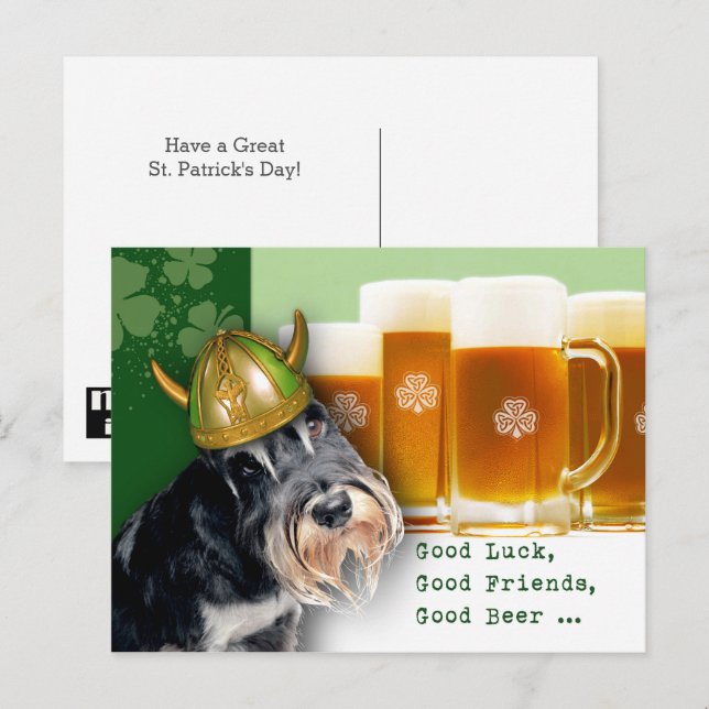Funny Schnauzer och Beer St. Patrick's Day Vykort (Fram/baksida)