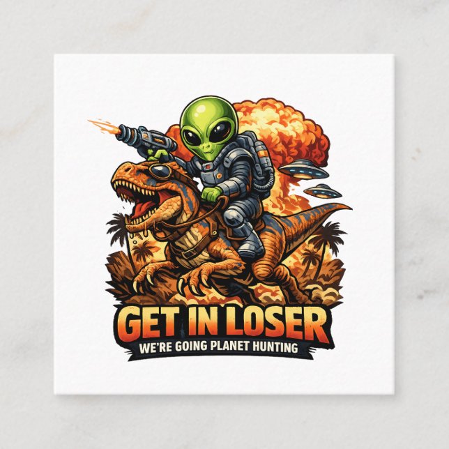 Funny Sci-Fi Fantasy Meme Art, Alien Riding Dinosa Fyrkantigt Visitkort (Framsida)