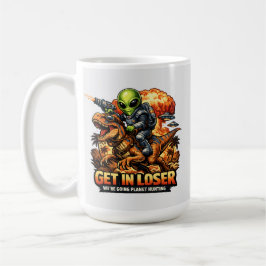Funny Sci-Fi Fantasy Meme Art, Alien Riding Dinosa Kaffemugg