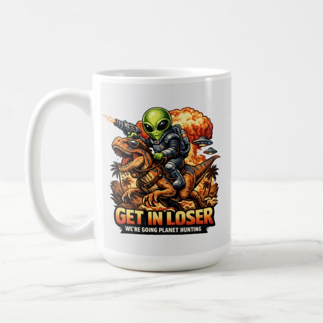 Funny Sci-Fi Fantasy Meme Art, Alien Riding Dinosa Kaffemugg (Vänster)