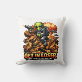 Funny Sci-Fi Fantasy Meme Art, Alien Riding Dinosa Kudde