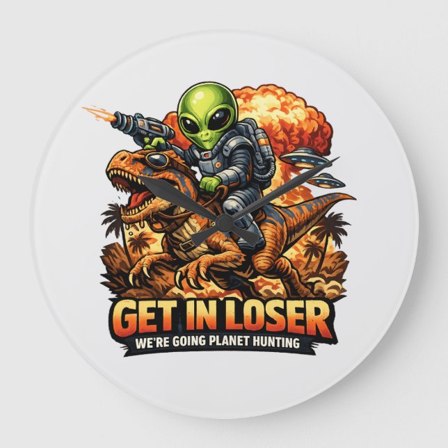 Funny Sci-Fi Fantasy Meme Art, Alien Riding Dinosa Stor Klocka (Framsida)