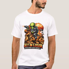 Funny Sci-Fi Fantasy Meme Art, Alien Riding Dinosa T Shirt