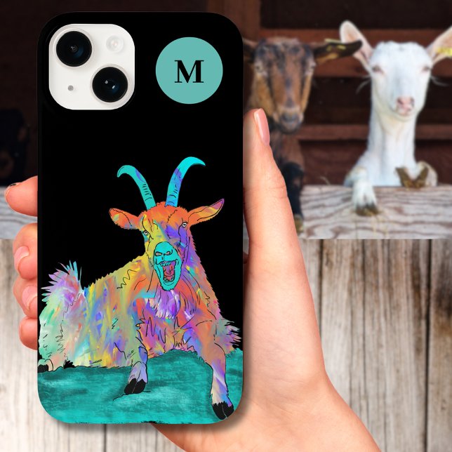 Funny Screaming Goat Monogram Initial (Funny screaming goat colorful farm animal illustration with monogram initial custom iPhone case)