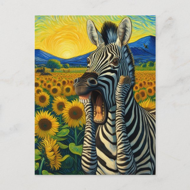 Funny Screaming Zebra i Van Gogh Sunblomma Fält Vykort (Framsida)