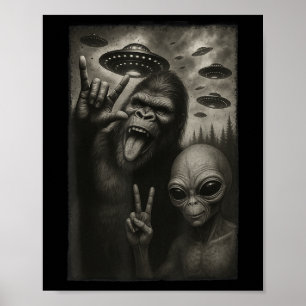 Funny Selfie Bigfoot Alien Sasquatch Sten på Hand Poster