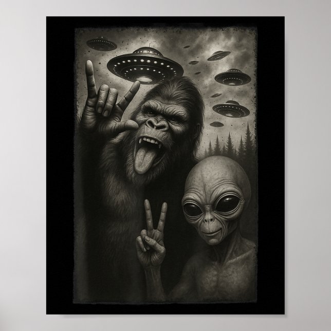 Funny Selfie Bigfoot Alien Sasquatch Sten på Hand Poster (Framsidan)