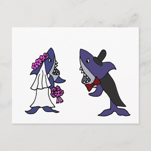 Funny Shark Bride and Groom Bröllop Tecknad Vykort (Framsida)