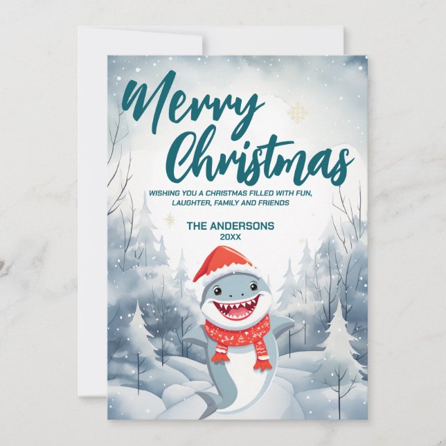Funny Shark God jul träd snö Julfest Julkort (Framsida)