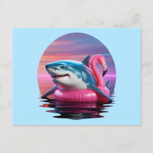 Funny Shark i Flamingo Bassäng Flyter Vaporwave Helg Vykort