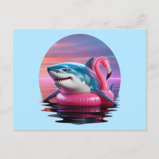 Funny Shark i Flamingo Bassäng Flyter Vaporwave Helg Vykort