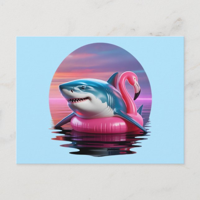 Funny Shark i Flamingo Bassäng Flyter Vaporwave Helg Vykort (Framsida)