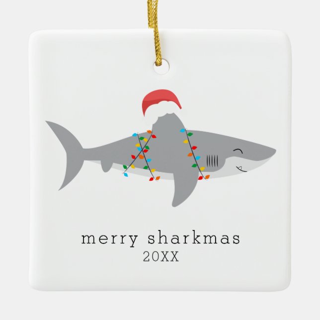 Funny Shark Merry Sharkmas Photo Julgransprydnad Keramik (Framsida)