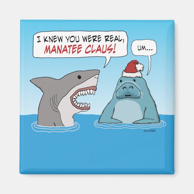Funny Shark och Manatee Claus jul Magnet (Framsidan)
