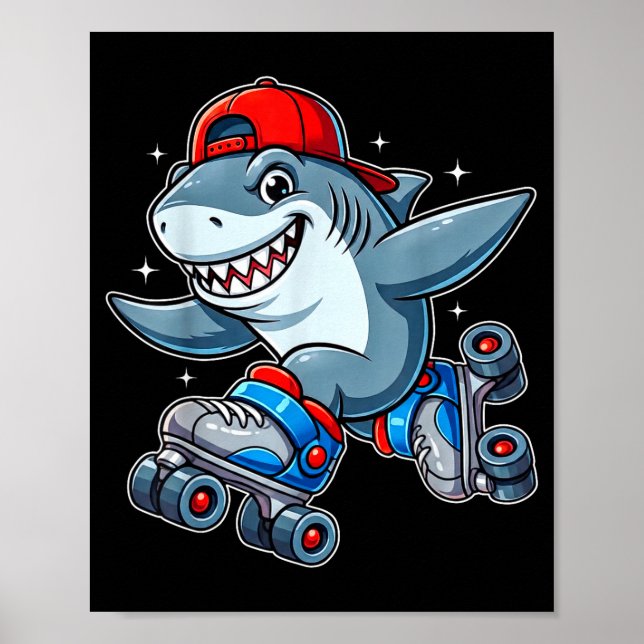 Funny Shark On Roller Skates Cute Cool Skater Anim Poster (Framsidan)