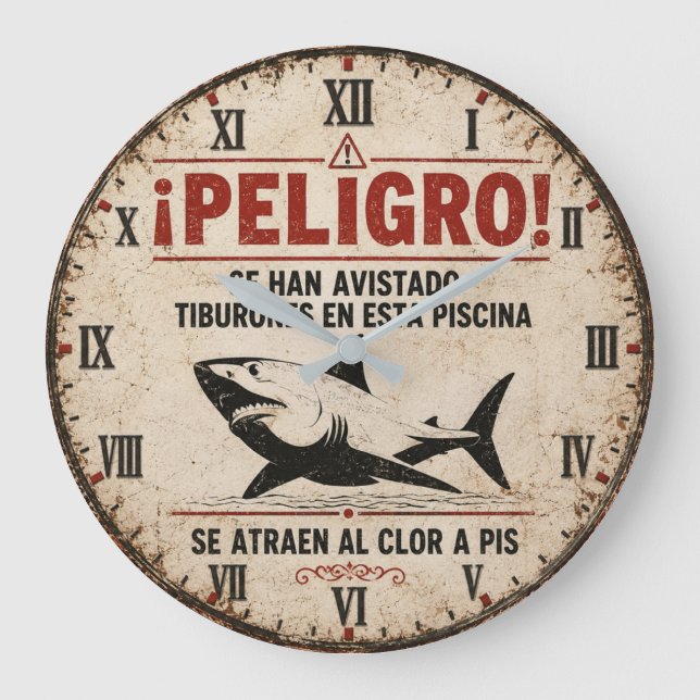 Funny Shark Warning Spanish Stor Klocka (Framsida)