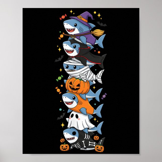 Funny Shark Witch Vampire Ghost Halloween Kids Men Poster (Framsidan)
