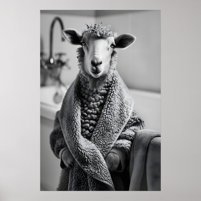 Funny Sheep in Bathrobe Art, Quirky Bathroom Print Poster (Framsidan)