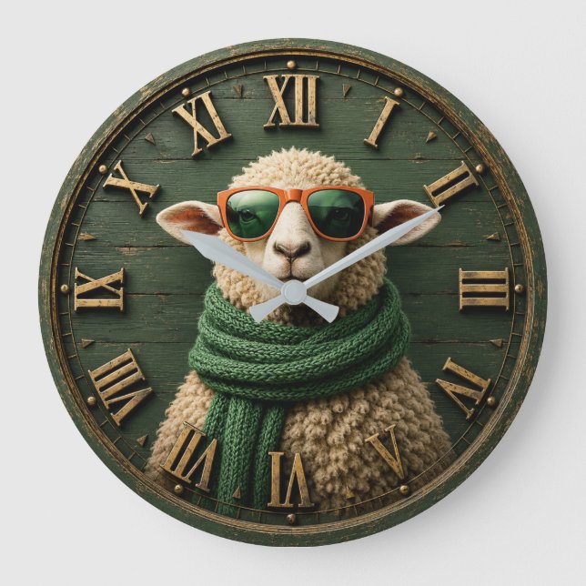Funny Sheep with Sunglasses Farmhouse Rustic Count Stor Klocka (Framsida)