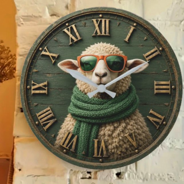 Funny Sheep with Sunglasses Farmhouse Rustic Count Stor Klocka (Skapare uppladdad)
